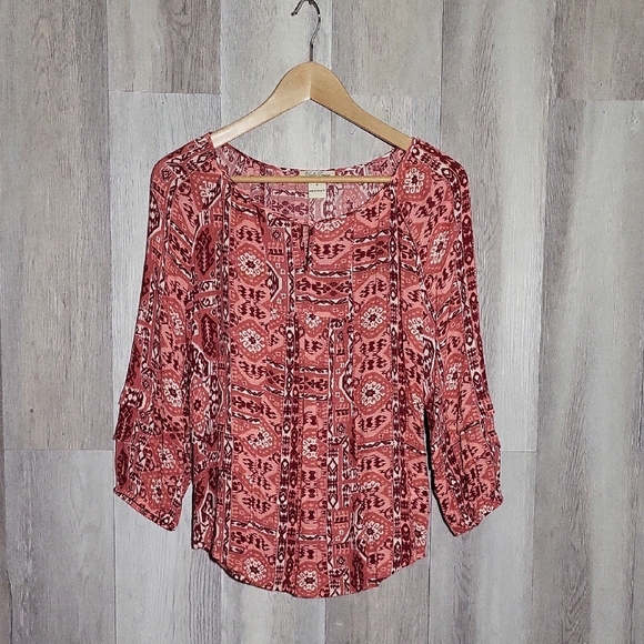 🛍Lucky Brand Womens Medium‎ Blouse 3/4 Sleeve Keyhole Tiered Southwest Flowy - Picture 1 of 8